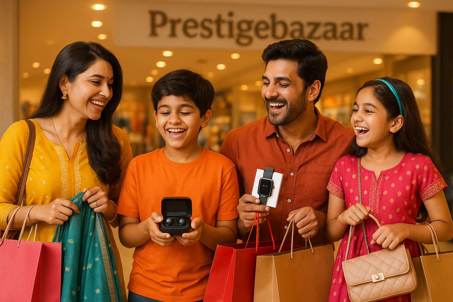 generate a image of beautiful indian family shopping happily and in their hand having stuffs that sales in this store and also have a slight branding of my store name prestigebazzar 
